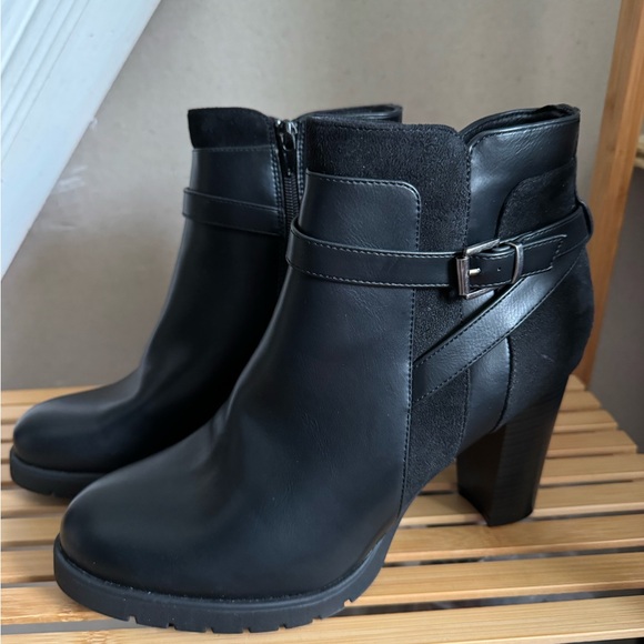 Shoes - Black Leather Ankle Boots with Buckle Strap